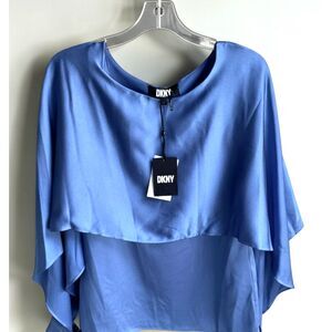 DKNY Women’s Blouse Size Small Blue Layered Cape Style Top Elegant Dressy Shirt